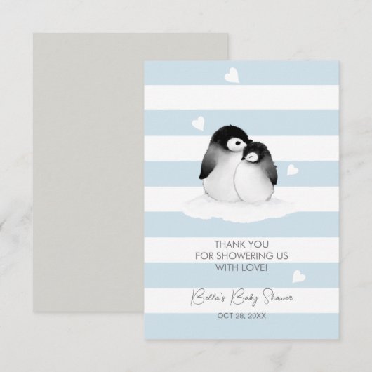 Schattige Penguin Blauw Grijs Baby shower Bedankkaart (Voorkant / Achterkant)
