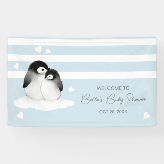 Schattige Penguin Blauw Grijs Baby shower Spandoek (Horizontaal)