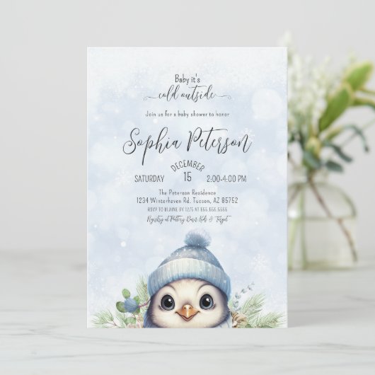 Schattige Penguin Blue Boy Winter Baby shower Kaart (Staand voorkant)