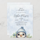 Schattige Penguin Blue Boy Winter Baby shower Kaart (Voorkant / Achterkant)