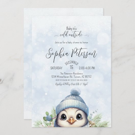 Schattige Penguin Blue Boy Winter Baby shower Kaart (Voorkant / Achterkant)