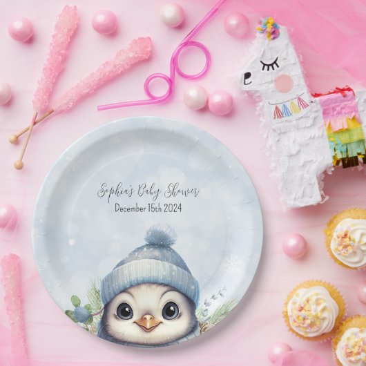 Schattige Penguin Blue Boy Winter Baby shower Papieren Bordje (Feest)