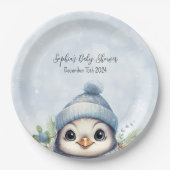 Schattige Penguin Blue Boy Winter Baby shower Papieren Bordje (Voorkant)