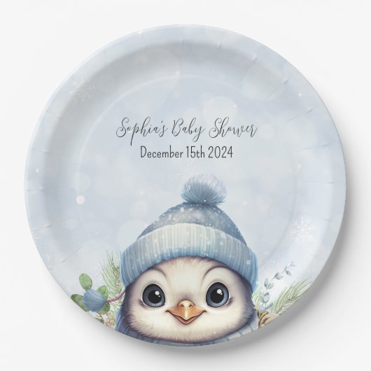 Schattige Penguin Blue Boy Winter Baby shower Papieren Bordje (Voorkant)