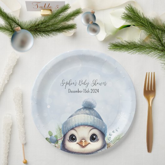 Schattige Penguin Blue Boy Winter Baby shower Papieren Bordje