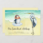 Schattige Penguin Blue Heron Beach Snowbird Adres Aankondiging (Voorkant / Achterkant)