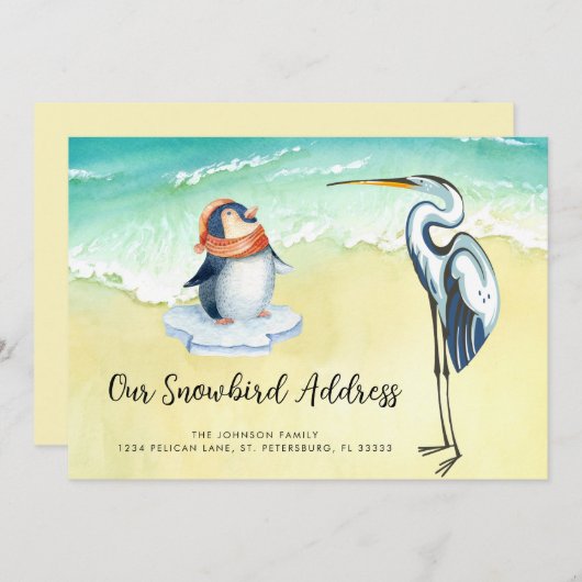 Schattige Penguin Blue Heron Beach Snowbird Adres Aankondiging (Voorkant / Achterkant)