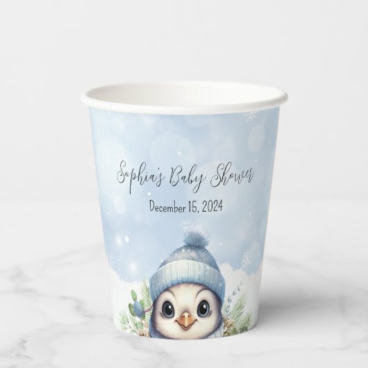 Schattige Penguin Blue Winter Sneeuw Baby shower Papieren Bekers (Achterkant)