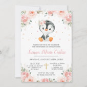 Schattige Penguin Blush Floral Girl Christening Kaart (Voorkant)