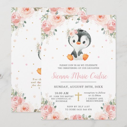 Schattige Penguin Blush Floral Girl Christening Kaart (Voorkant / Achterkant)