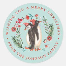 Schattige Penguin Christmas Holiday Name blauw Ronde Sticker