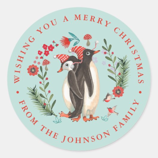 Schattige Penguin Christmas Holiday Name blauw Ronde Sticker (Voorkant)