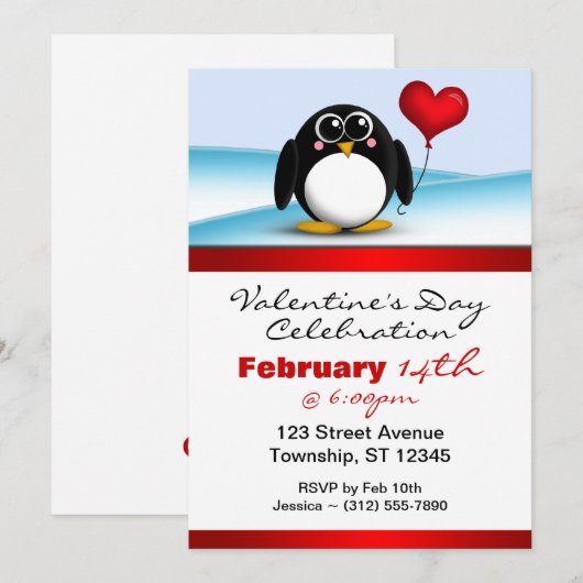 Schattige Penguin Heart Valentijnsdag Uitnodiginge Kaart (Voorkant / Achterkant)