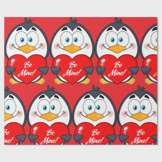 Schattige Penguin Holding Be Mine Heart Cadeaupapier (Vlak)