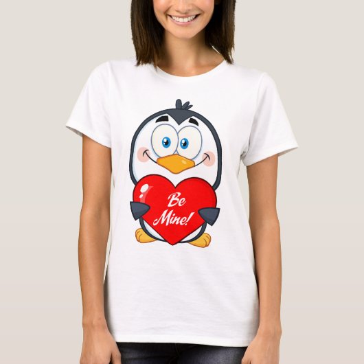 Schattige Penguin Holding Be Mine Heart T-shirt (Voorkant)