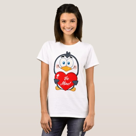 Schattige Penguin Holding Be Mine Heart T-shirt (Voorkant volledig)