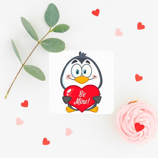Schattige Penguin Holding Be Mine Heart Vierkante Sticker