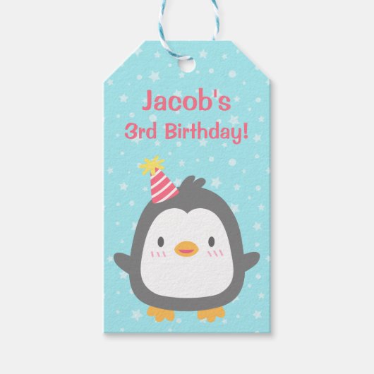 Schattige Penguin Kids Verjaardagsfeestje Cadeau L Cadeaulabel (Voorkant)