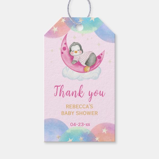Schattige Penguin Roze Baby shower Dank u Cadeaulabel (Voorkant)