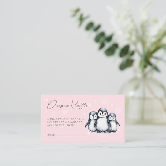 Schattige Penguin Roze Baby shower Luier Raffle Informatiekaartje (Staand voorkant)