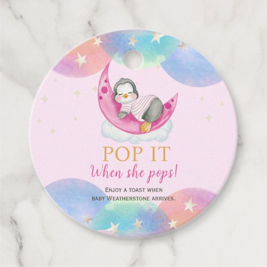 Schattige Penguin Roze Baby shower Pop het wanneer Bedankjes Labels (Voorkant)