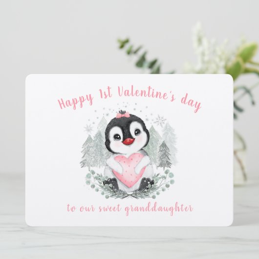 Schattige Penguin Roze  Valentijnsdag Kaart (Staand voorkant)