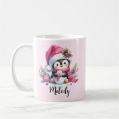 Schattige Penguin Script Naam Pink Christmas Koffiemok (Links)