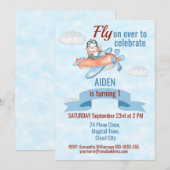 Schattige Penguin Vliegtuig Blauw 1e Verjaardagsui Kaart (Voorkant / Achterkant)