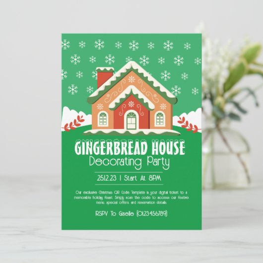 Schattige peperkoek huis decoreren partij kaart (Staand voorkant)