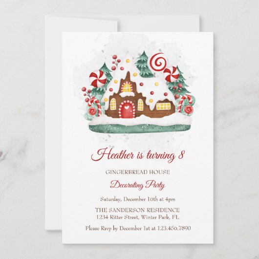 Schattige peperkoek huis decoreren verjaardagsfees kaart (Voorkant)