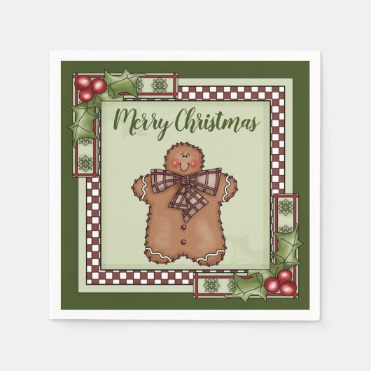 Schattige peperkoek Man en Holly Merry Christmas Servet (Voorkant)