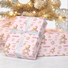 Schattige peperkoek man meisje roze naam kerst cadeaupapier