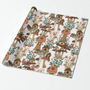 Schattige Perzik Cottagecore Floral Mushroom Patte Cadeaupapier
