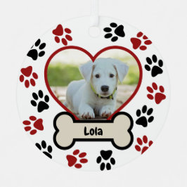 Schattige Pet Dog Foto Hart Rood & Zwart Paws Patr Metalen Ornament