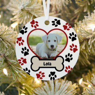 Schattige Pet Dog Foto Hart Rood & Zwart Paws Patr Metalen Ornament