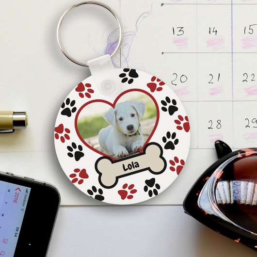 Schattige Pet Dog Foto Hart Rood & Zwart Paws Patr Sleutelhanger