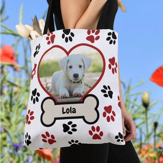 Schattige Pet Dog Foto Hart Rood & Zwart Paws Patr Tote Bag