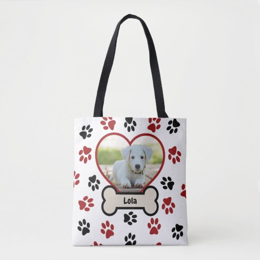 Schattige Pet Dog Foto Hart Rood & Zwart Paws Patr Tote Bag (Voorkant)