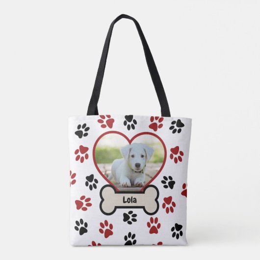 Schattige Pet Dog Foto Hart Rood & Zwart Paws Patr Tote Bag (Achterkant)
