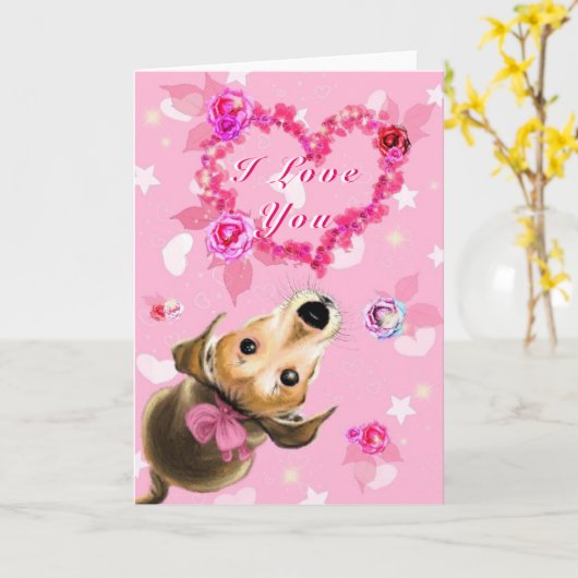 Schattige Pet Dog Hart Bloemen Valentijnsdag Kaart (Gele Bloem)