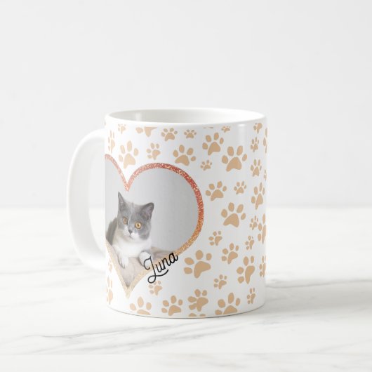 Schattige Pet Kat Foto Hart Glitter & Paws Pattern Koffiemok (Voorkant links)