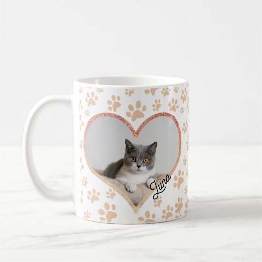 Schattige Pet Kat Foto Hart Glitter & Paws Pattern Koffiemok (Links)
