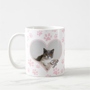 Schattige Pet Kat Foto Hart Glitter & Paws Pattern Koffiemok