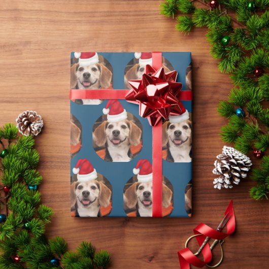 Schattige Pet Photo Santa Hats Christmas Blue Cadeaupapier (Feestdagen Geschenken)
