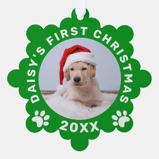 Schattige Pet's Eerste Kerstmis Groene Witte Paw P Ornament Kaart (Achterkant)