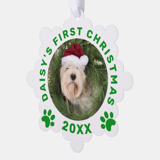 Schattige Pet's Eerste Kerstmis Groene Witte Paw P Ornament Kaart (Links)