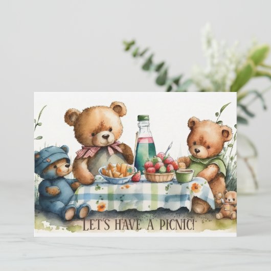 schattige picknick-beren voegen tekstuitnodiging t kaart (Staand voorkant)