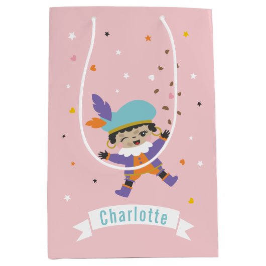 Schattige Pietje met naam en pepernoten Medium Cadeauzakje (Voorkant)