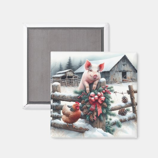 Schattige Pig and Chicken Christmas Boerderij Magneet (Voorkant / Achterkant)