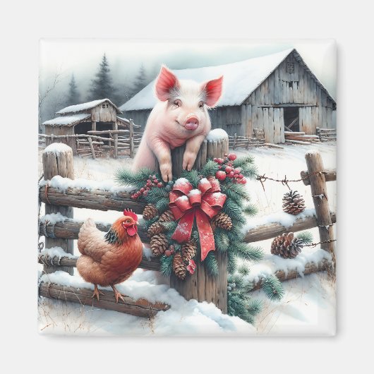 Schattige Pig and Chicken Christmas Boerderij Magneet (Voorkant)